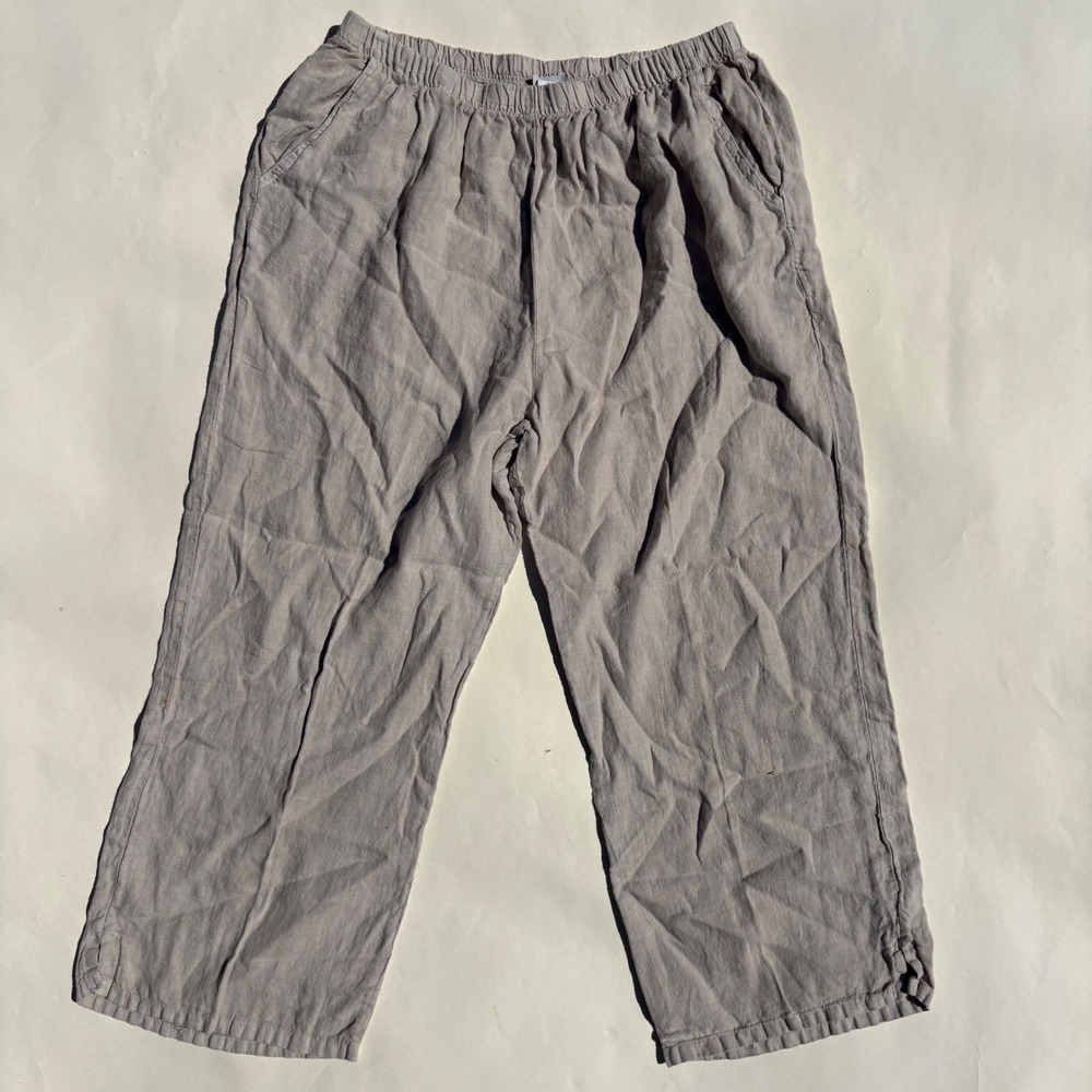 Match Point Linen Pants Large Taupe Wide Leg Cropped Elastic Waist Made in USA - Picture 2 of 7